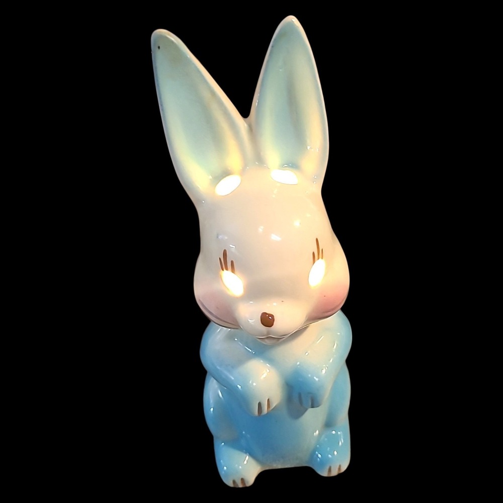 Vintage Porcelain Bunny Rabbit TV Lamp Blue White Light‎ Easter Spring Decor